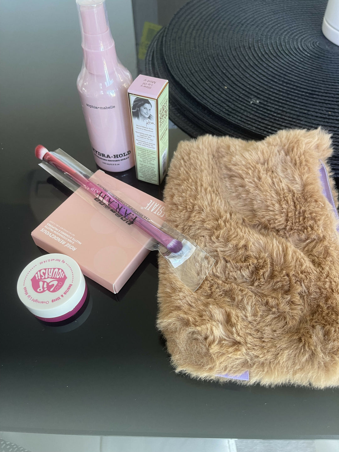 FUR BAG WITH MAKEUP GOODIES