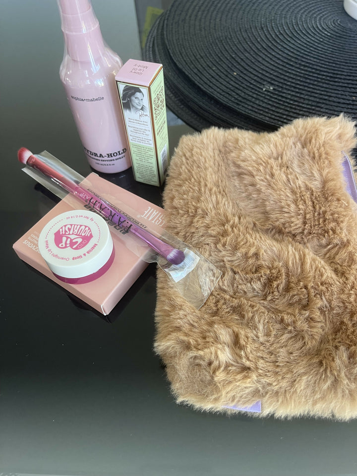 FUR BAG WITH MAKEUP GOODIES